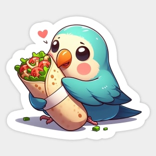 cute love birds are eating Mexican specialties, Tacos, Burritos, Enchiladas, Quesadillas, Guacamole, Fajitas, Chiles Rellenos, Tamales, Mole, Chilaquiles, Sticker